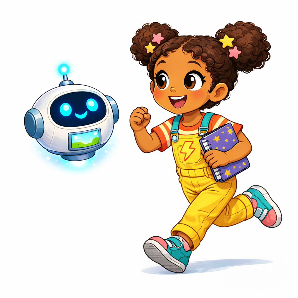 Ava and Pixel from AI for Kids running together
